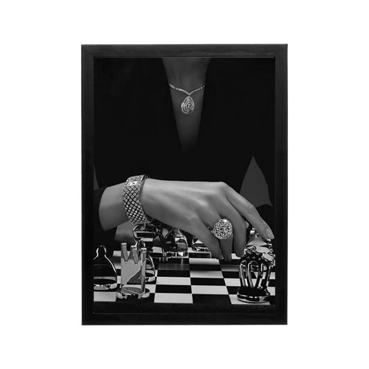 Black and white editorial chess and jewelry print with high contrast, minimalist style for modern living room wall art