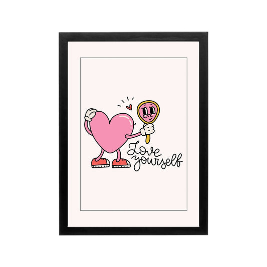 Pink heart character holding mirror with Love yourself text, preppy Y2K affirmation wall art for bedroom or dorm