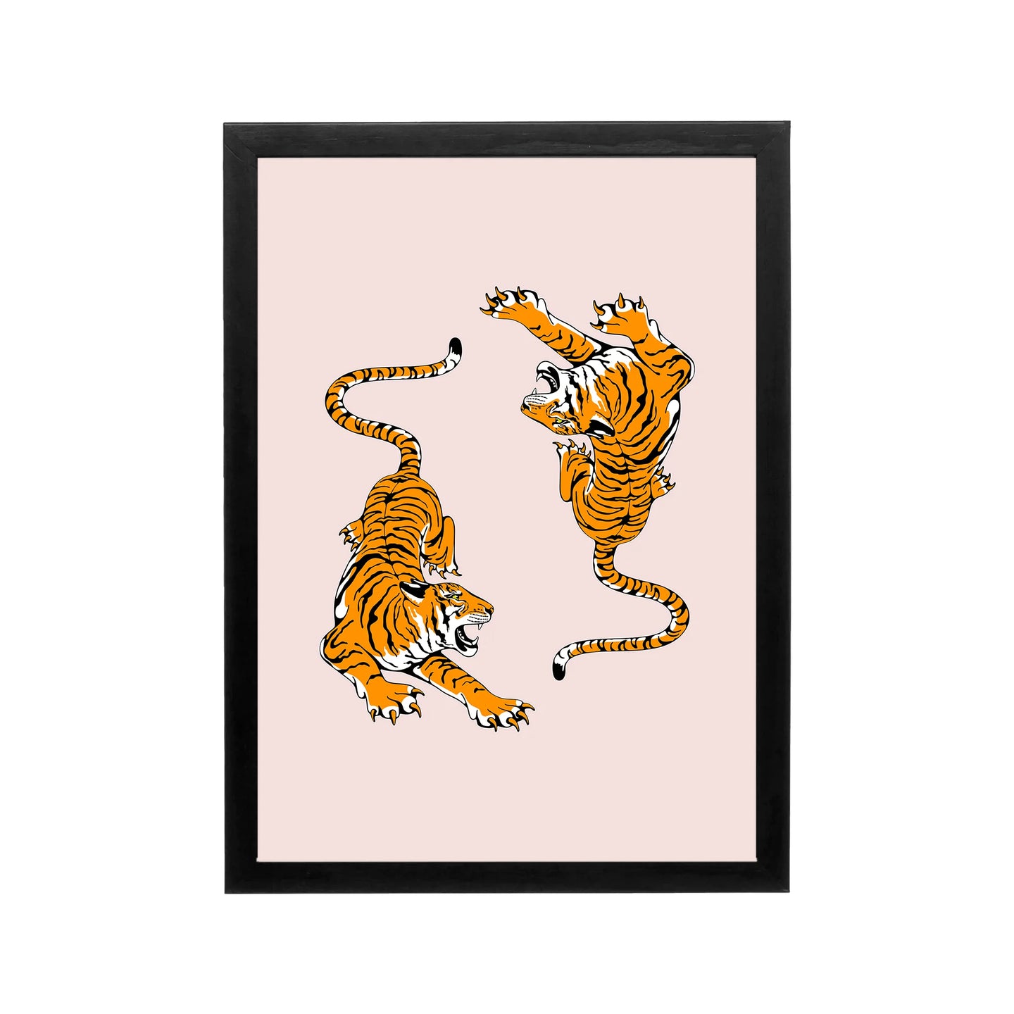 Two mirrored tigers on blush pink, bold orange black graphic art for preppy Y2K bedroom, dorm, or vanity decor