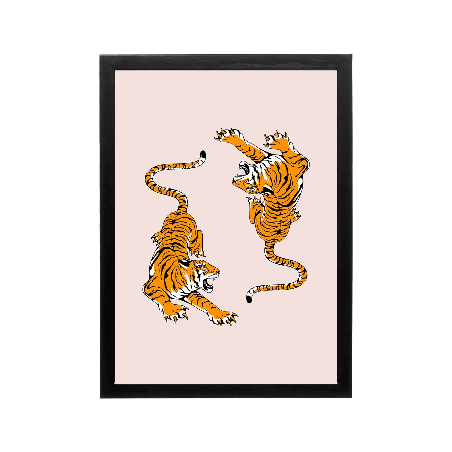 Two mirrored tigers on blush pink, bold orange black graphic art for preppy Y2K bedroom, dorm, or vanity decor