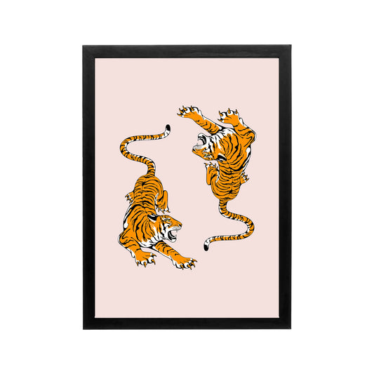 Two mirrored tigers on blush pink, bold orange black graphic art for preppy Y2K bedroom, dorm, or vanity decor