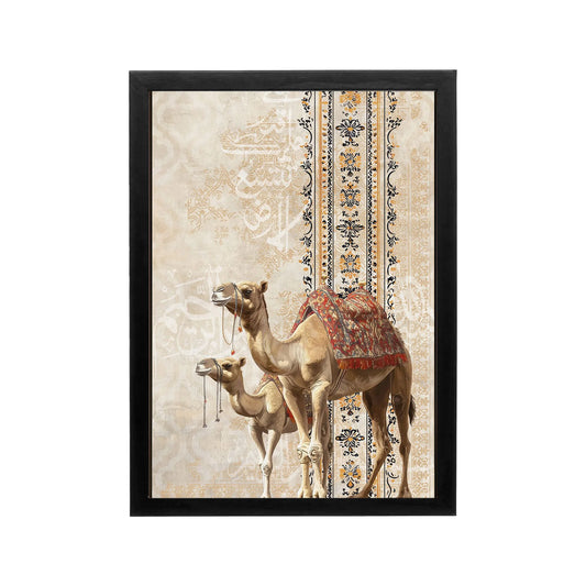 Camel-themed wall art with rich beige and crimson colors for a Ramadan living room or majlis.