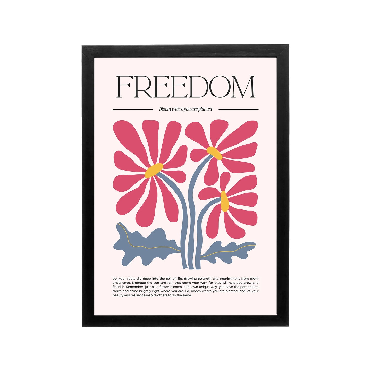 Pink Freedom floral poster with black serif typography, Y2K-preppy colors, and uplifting dorm room decor style