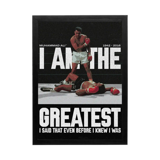 Muhammad Ali striking wall art with high contrast lighting for a powerful workspace decor.