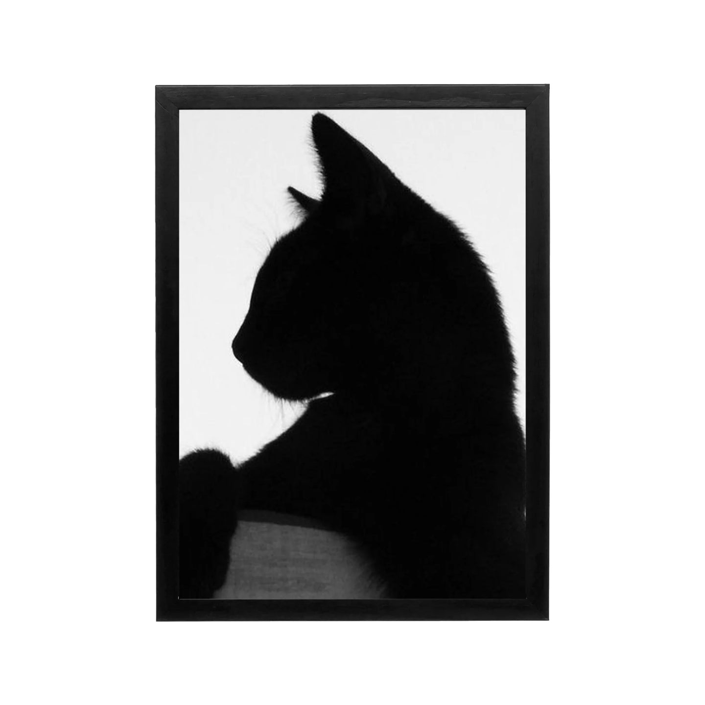 Black cat silhouette in high contrast monochrome framed wall art for minimalist living room or hallway decor
