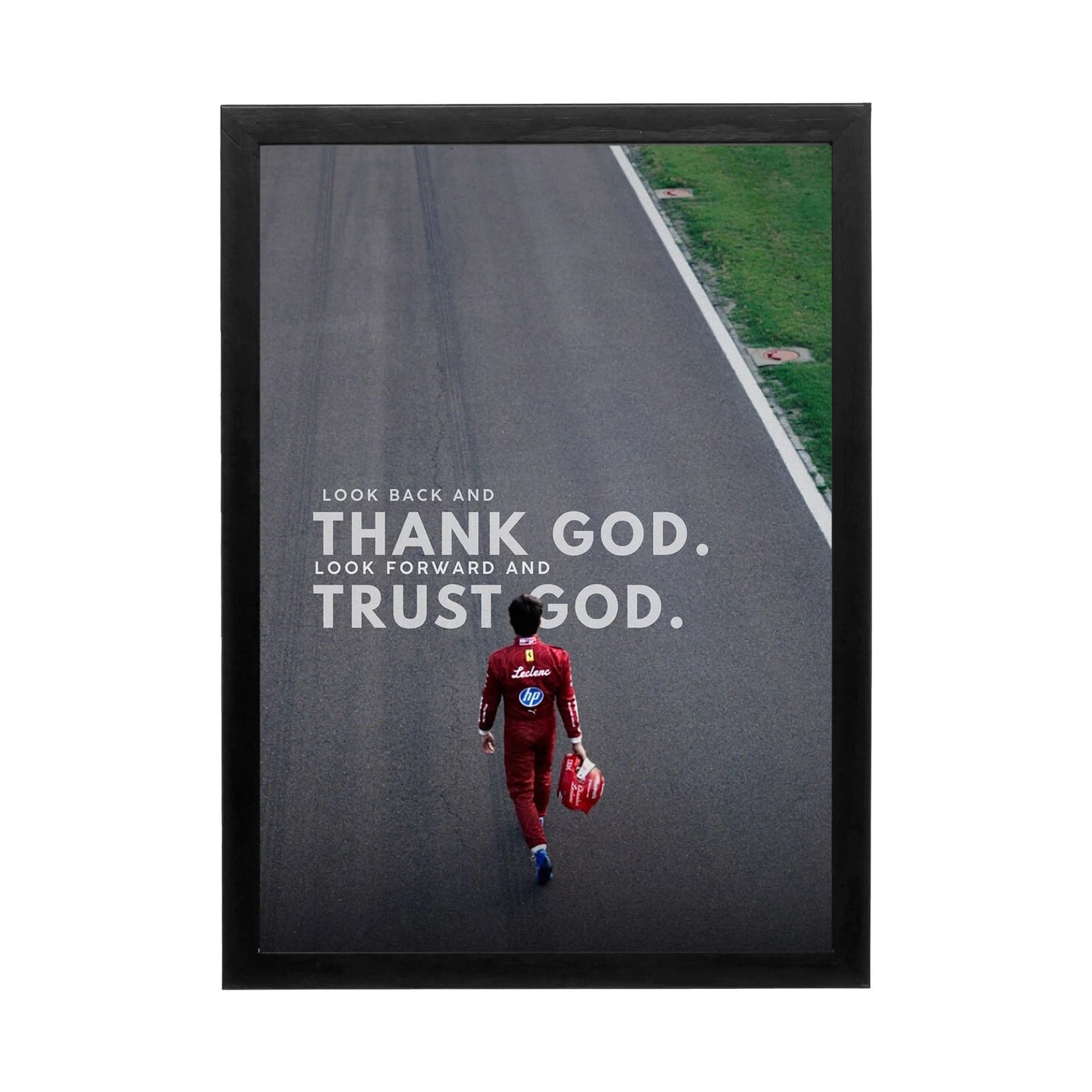 Inspirational wall art featuring a powerful figure on a race track, perfect for enhancing a high-performance workspace.