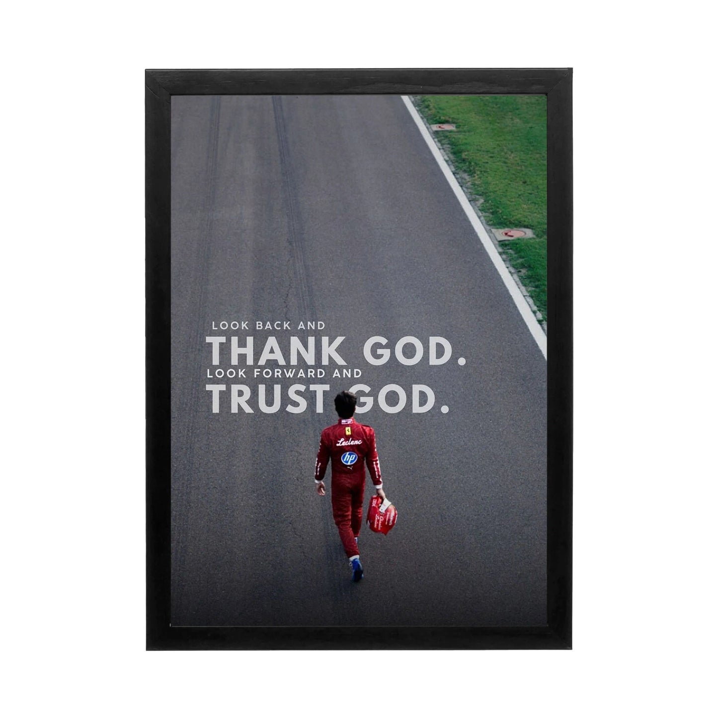 Inspirational wall art featuring a powerful figure on a race track, perfect for enhancing a high-performance workspace.