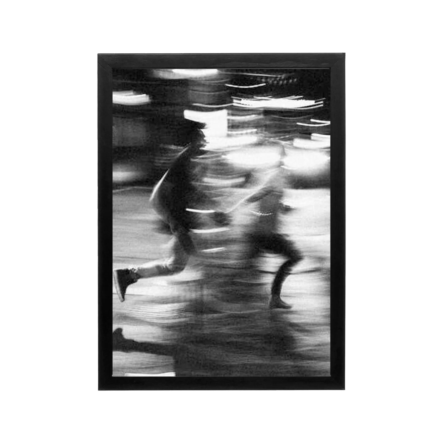 Black and white blurred runners in motion, high-contrast editorial print for modern living room or hallway