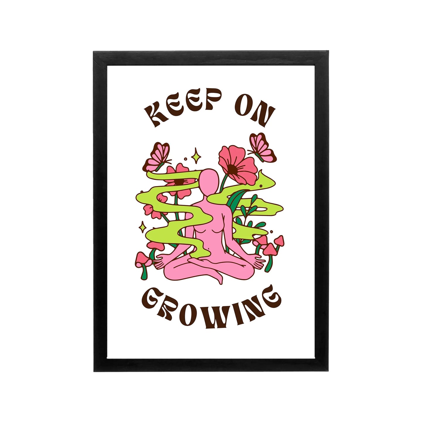 Pink meditating figure with Keep On Growing text, brown retro typography, neon green florals, Y2K preppy wall art for dorm or