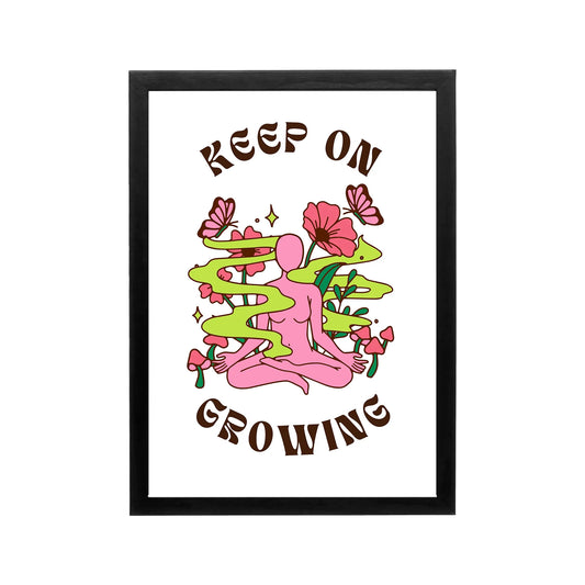 Pink meditating figure with Keep On Growing text, brown retro typography, neon green florals, Y2K preppy wall art for dorm or