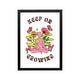 Pink meditating figure with Keep On Growing text, brown retro typography, neon green florals, Y2K preppy wall art for dorm or