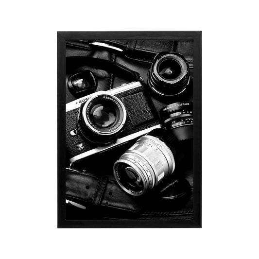 Black and white camera lens still life framed wall art for studio or office, high-contrast monochrome minimal decor