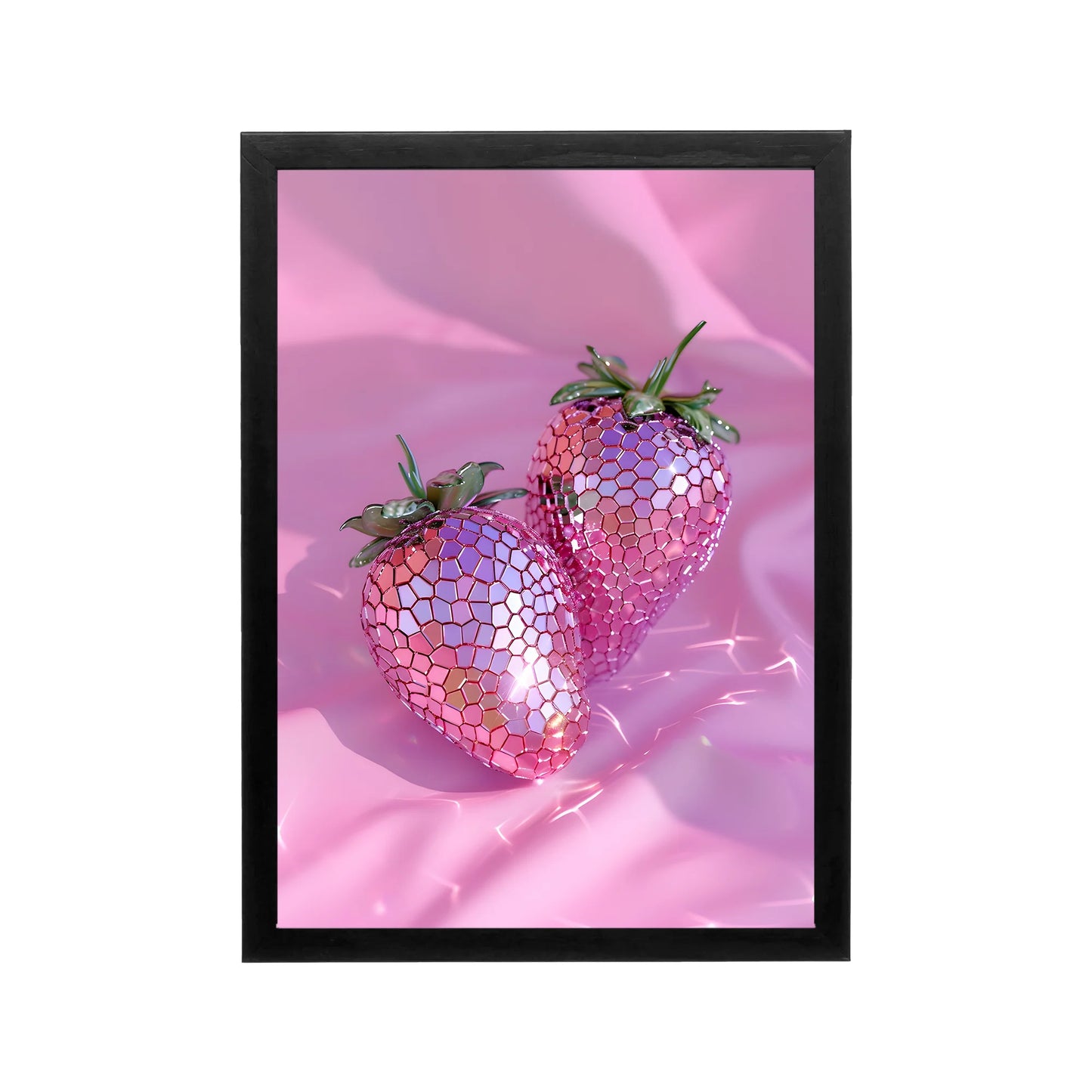 Pink mirrored strawberries on a soft pink background, preppy Y2K glam wall art for bedroom, dorm, or vanity