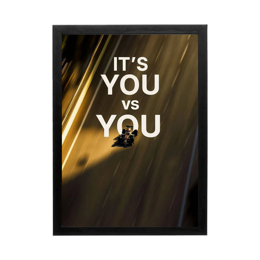 Dynamic racecar wall art with golden lighting and motivational text, perfect for a modern office or creative space.