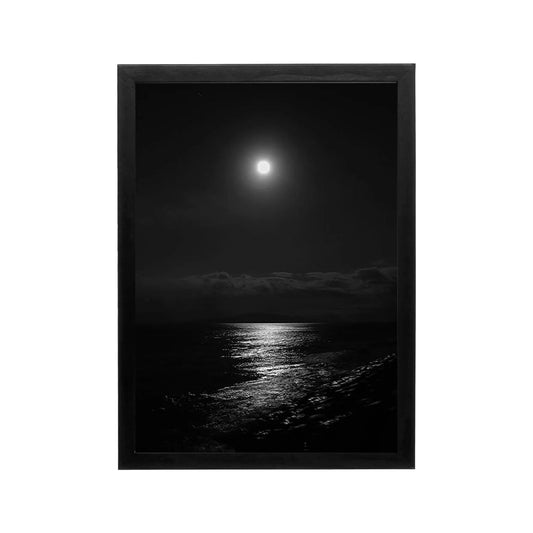 Black and white moonlit seascape print with dark tonal range, minimalist style, ideal for a modern living room or hallway