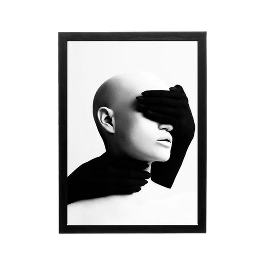 Black and white editorial portrait with hand over face, high contrast minimalist wall art for modern living room or office