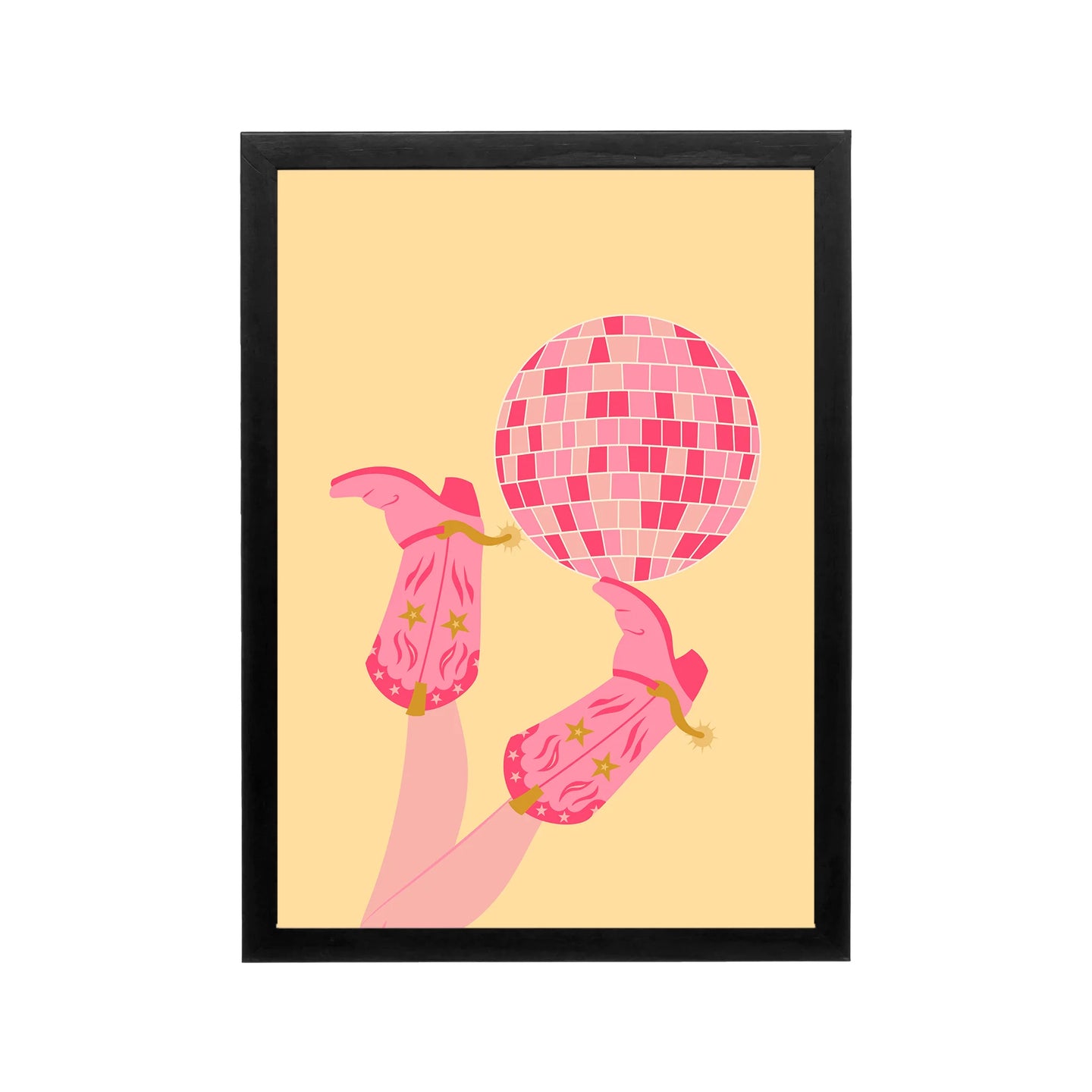 Pink cowboy boots and disco ball on cream background, Y2K glam wall art for bedroom, dorm, or vanity