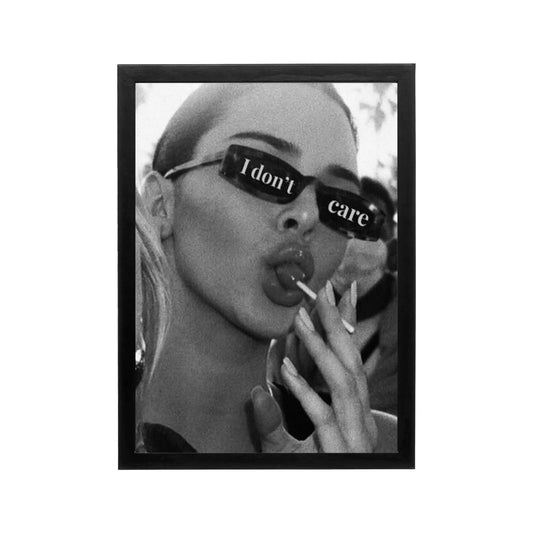 Black and white portrait with sunglasses text and lollipop, grainy editorial style for modern living room wall art