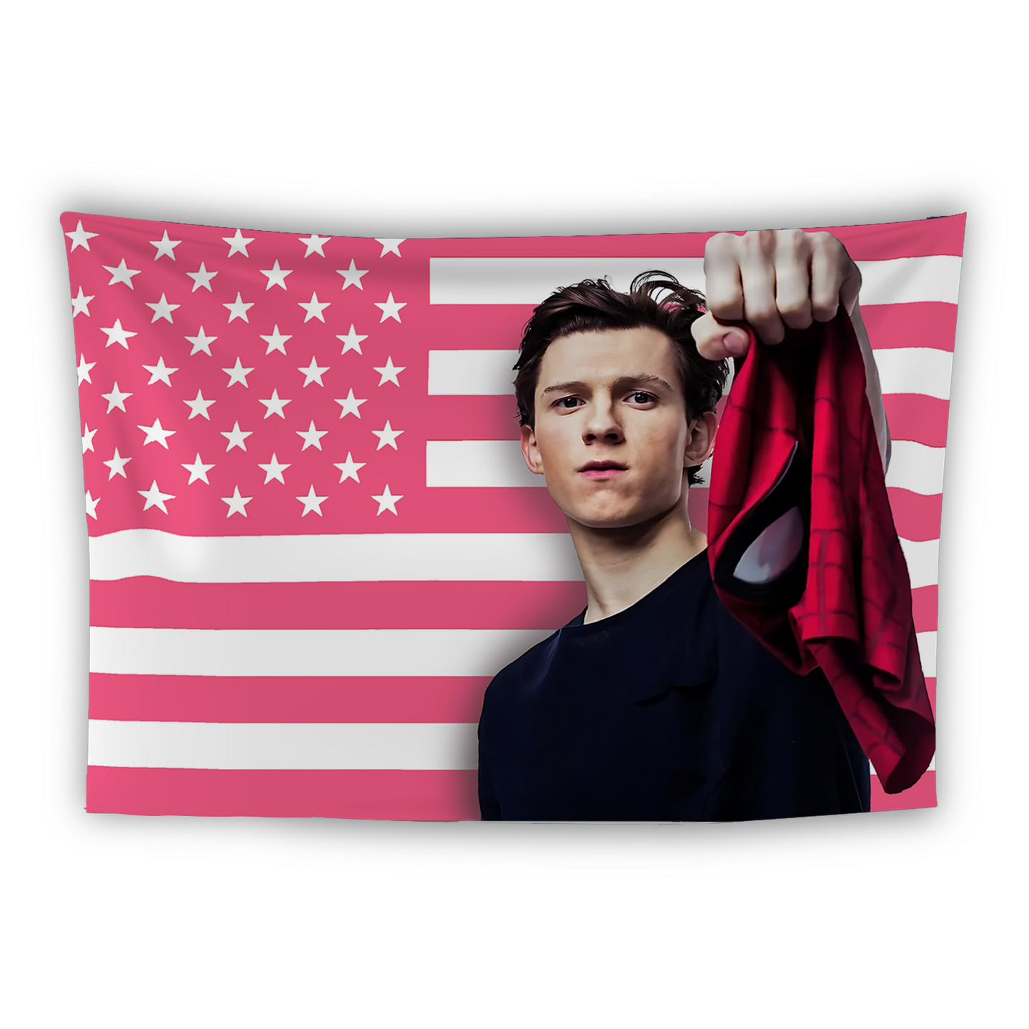 USA Flag 'Spiderman' - pink and white stars-and-stripes wall flag featuring Spider-Man holding his mask