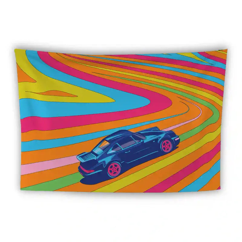 A vibrant tapestry features a stylized, retro sports car in dark blue, driving along a road with multicolored, wavy stripes in shades of green, yellow, orange, pink, and blue against a white background. The design evokes a psychedelic, 70s-inspired aesthetic.