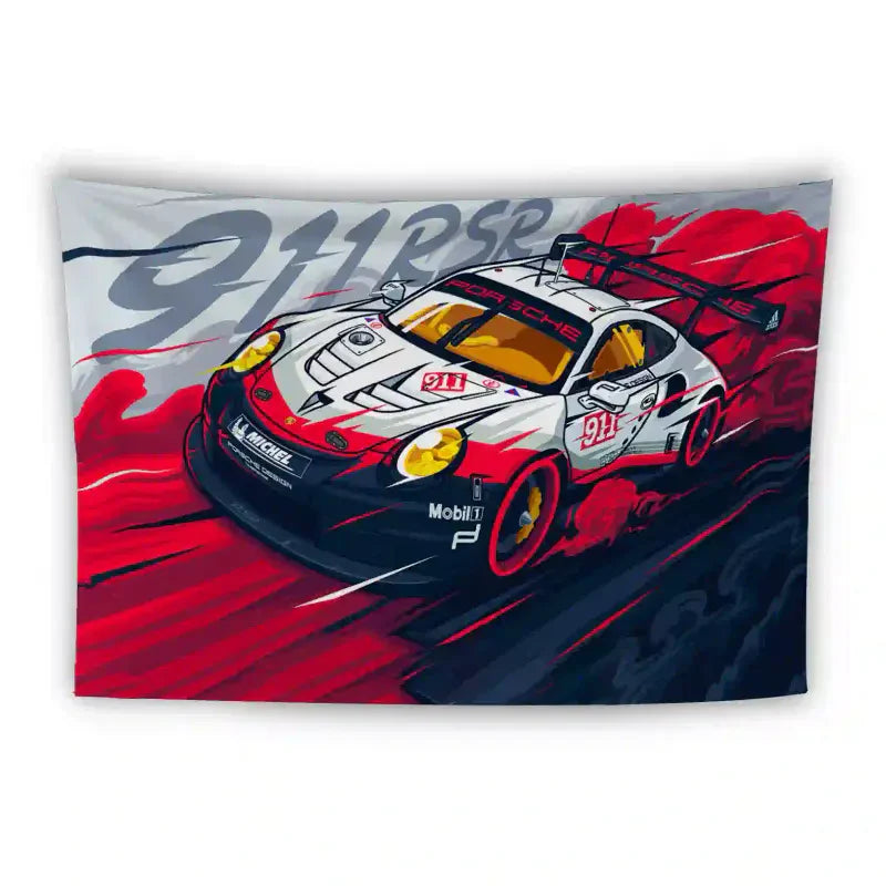 Illustration of a white Porsche 911 RSR race car on a fabric hanging. The car features red and black accents, and prominent branding, including "911" and sponsor logos such as Mobil 1 and Michelin. The car appears in motion with dynamic, stylized red trails.