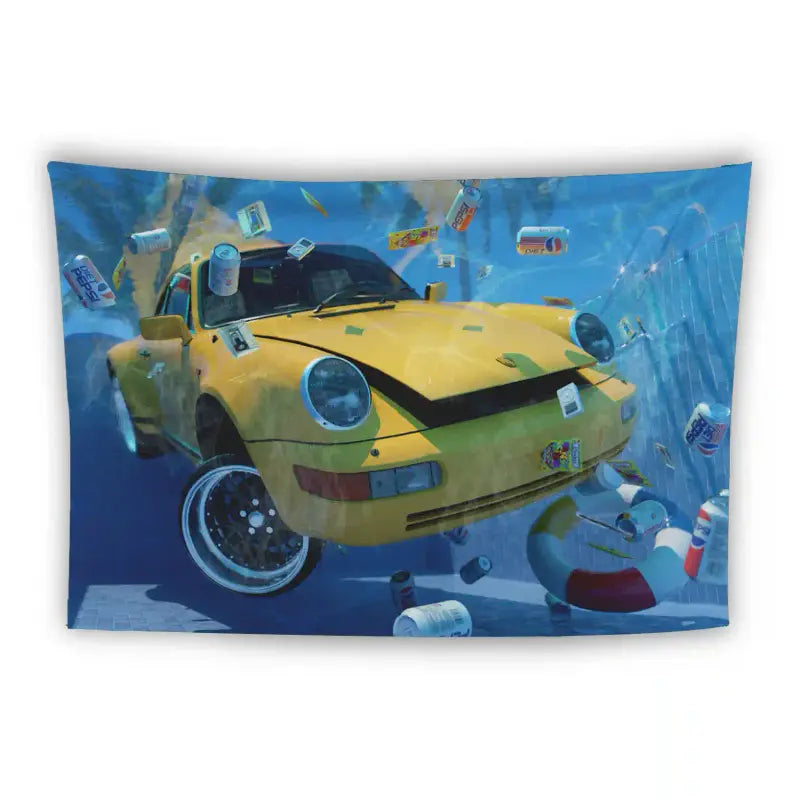 A vibrant image of a yellow sports car submerged underwater, surrounded by floating soda cans and a colorful beach ball. The scene is chaotic, with the car's headlights on and bubbles rising. The background shows the blue hues and ripples of the water.