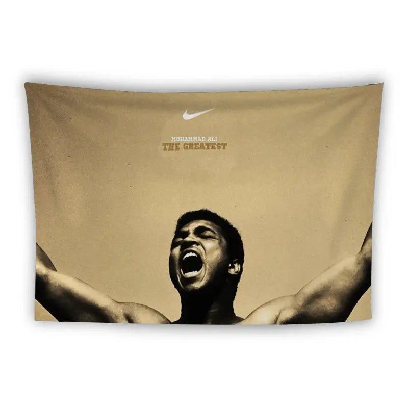 A tapestry featuring a stylized image of a boxer standing triumphantly over a fallen opponent on a gray mat. Above the boxers, white text reads, "If you even dream of beating me you'd better wake up and apologize." - Muhammad Ali.